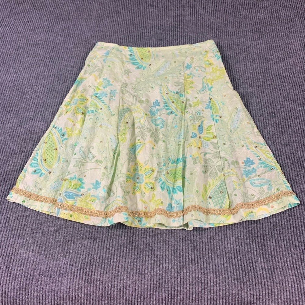 Express Skirt Womens 8 Green Lined Cotton Zip Up Floral Boho Lightweight Festive